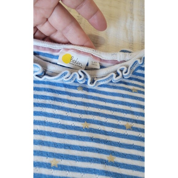 Boden Girls 5-6Y Striped Long Sleeve Top Blue White Gold Stars Ruffle Trim Cotto - Picture 3 of 8